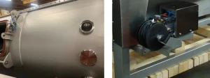 An opening in drain channels for inserting the high-pressure washer nozzle (left). A high pressure washer with a hose and nozzle for washing out drain channels (right).
