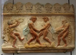 Grape treading in roman times (image By shakko - Own work, CC BY-SA 3.0)