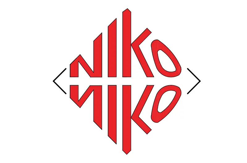 Logo with red, angular 'nikko' wordmark mirrored to form a diamond, flanked by black angle brackets.