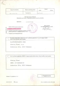 Official Slovenian business registration document showing company name, owner, and postal address with official stamps.